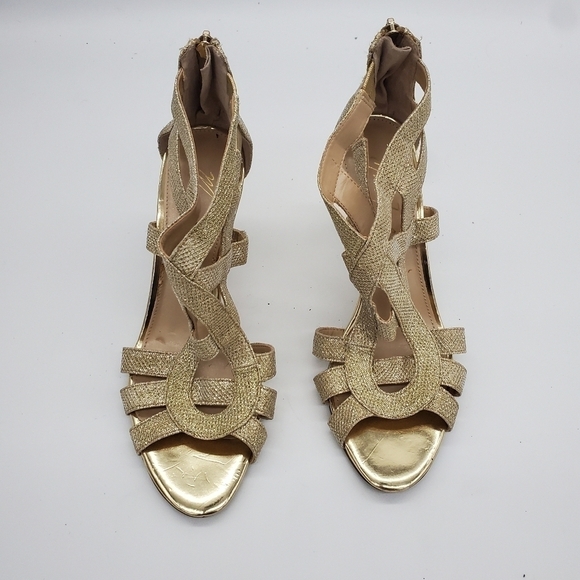 Marc Fisher Nala Leather Gold Shimmer Strappy Metallic Zip Heels Women's 8M - Picture 3 of 15